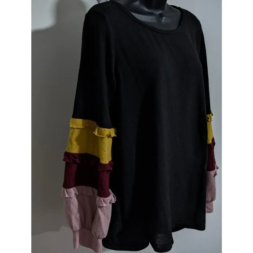 BIBI Colorblock Ruffle Balloon Sleeve Lightweight Pullover Sweater Top Large - Picture 2 of 5